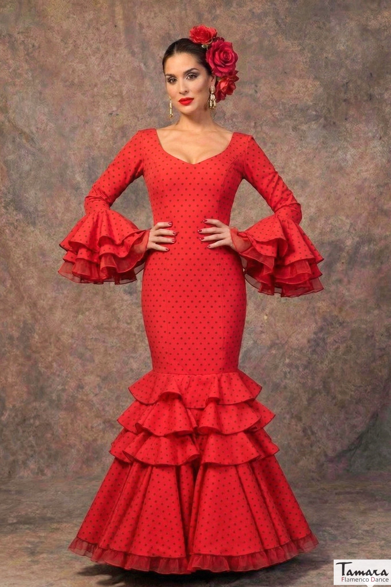 Traje de flamenca Clavellina Rojo lunares oscuros