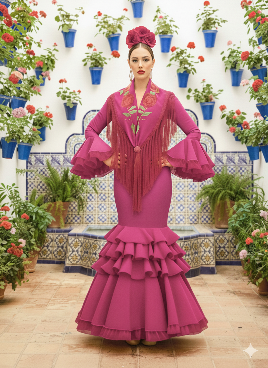 Traje de flamenca Clavellina Rosa Maquillaje Oscuro