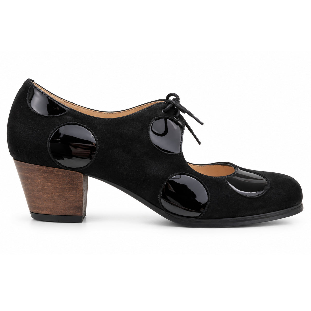 Zapatos flamencos Cordonera Lunares ante/charol cubano 5 cm madera