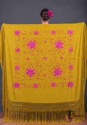 Manton de Manila Primaveral - Bordado Fuxia Mostaza