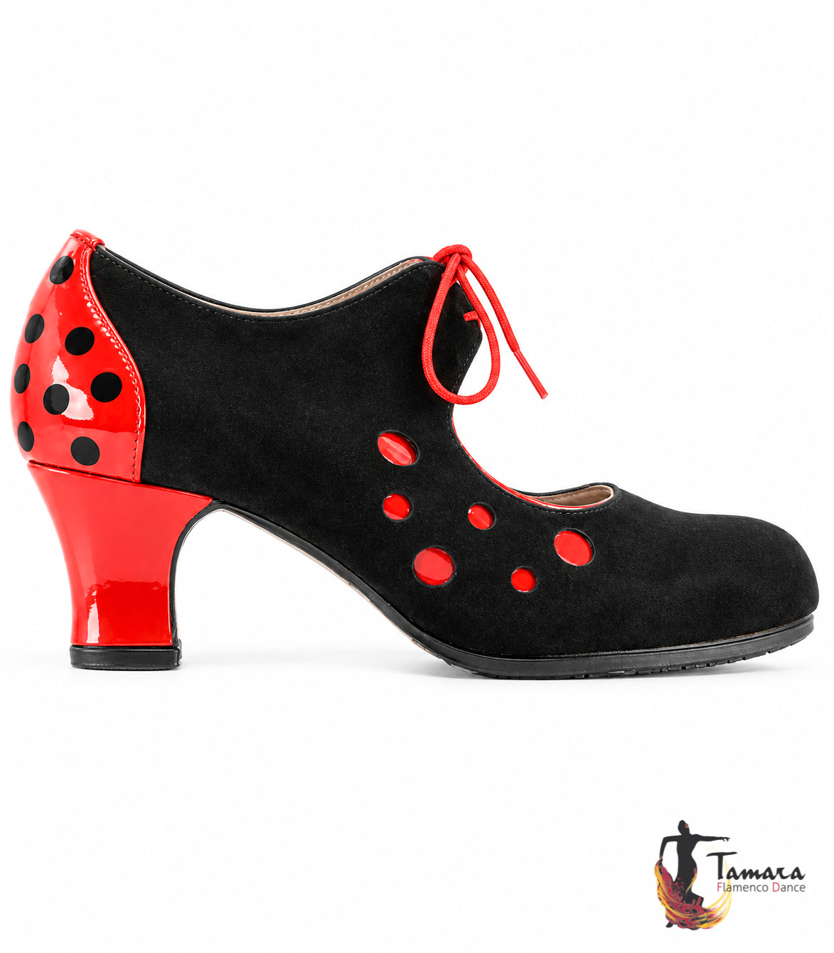 Zapato flamenco Lola ante/charol carrete 6 cm negro-rojo