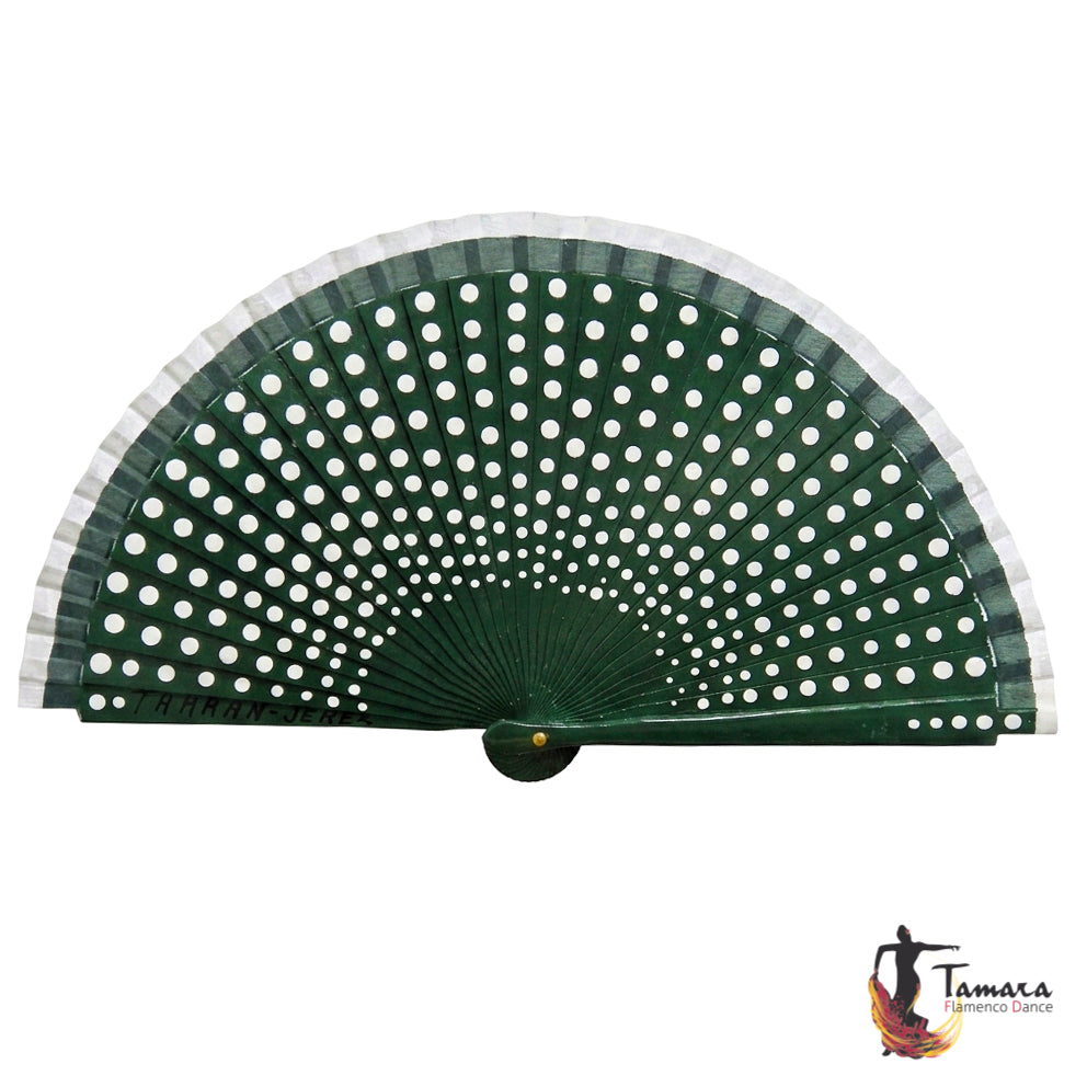 Abanico flamenco (19 cm) - Lunares blancos pintado a mano Verde Botella