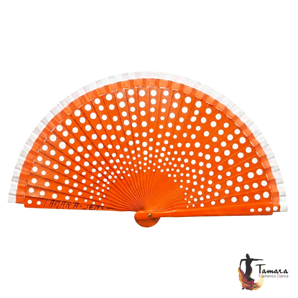 Abanico flamenco (19 cm) - Lunares blancos pintado a mano Naranja