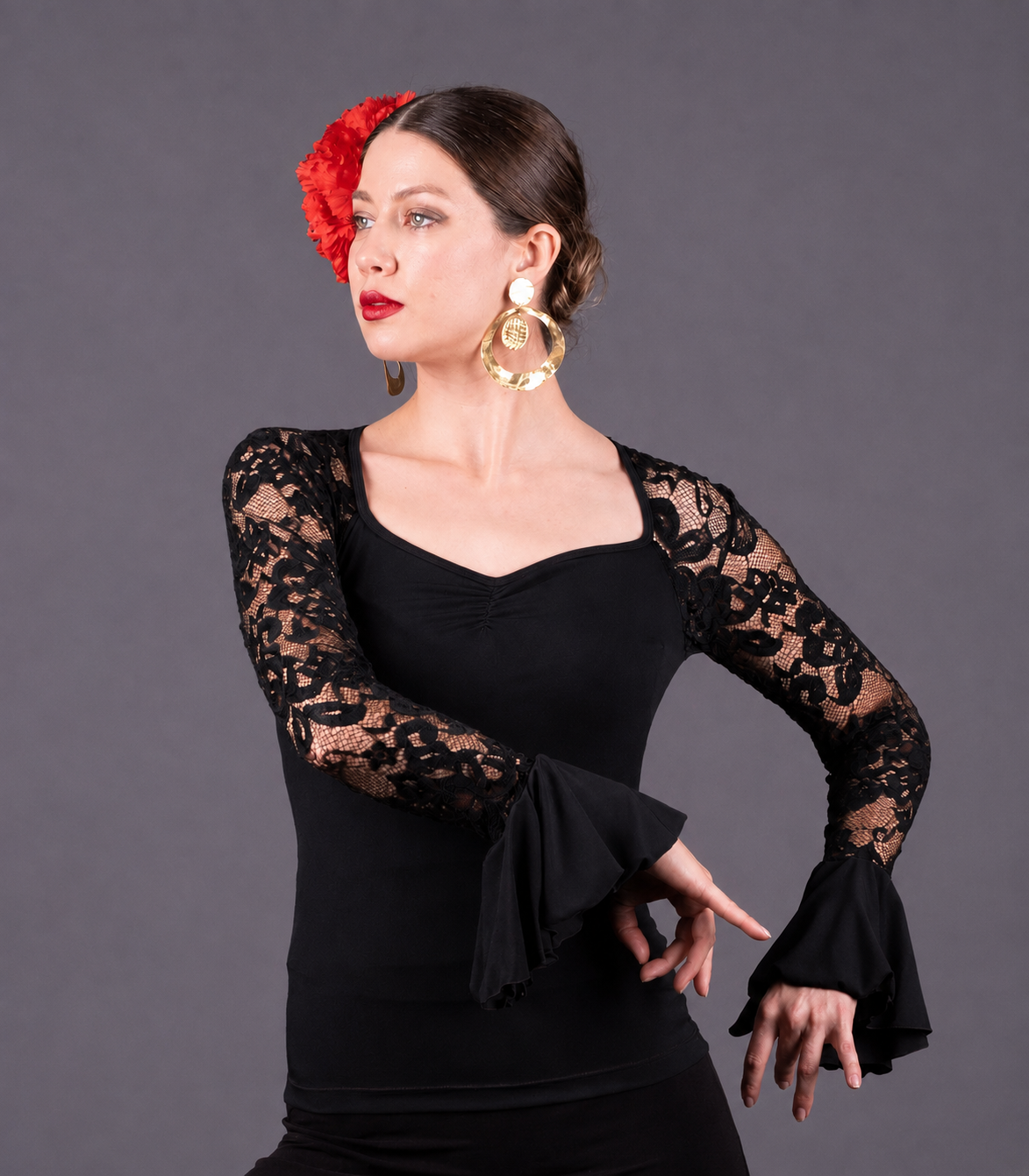 Camiseta Málaga - Punto elástico liso y encaje M Negro