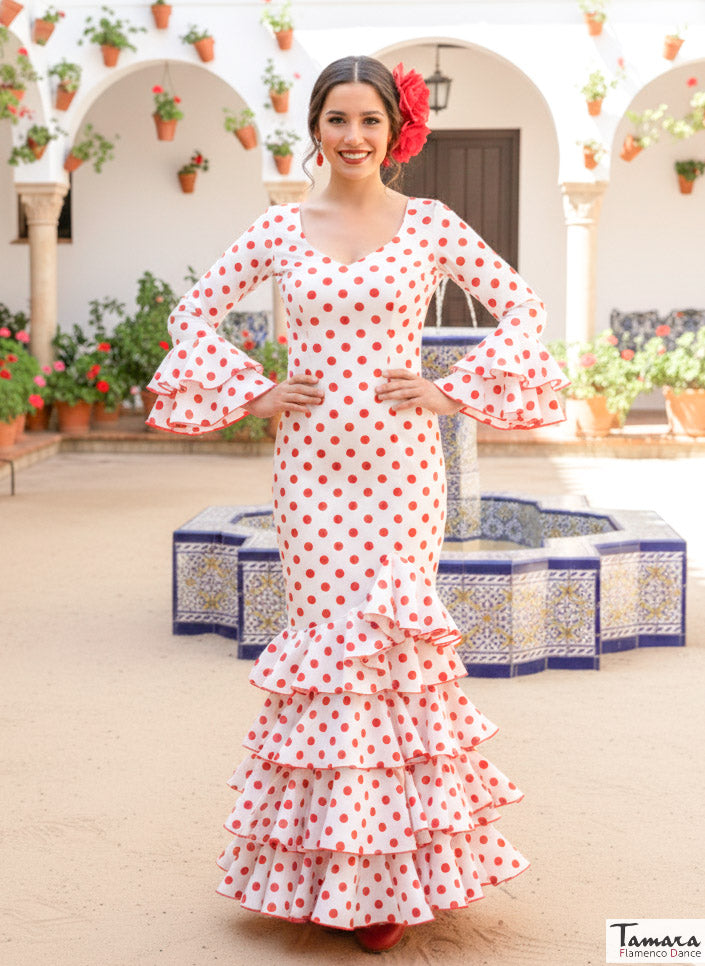 Traje de flamenca Maria Blanco lunares rojos