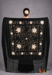 Manton de Manila Primaveral - Bordado Tierra y Oro Negro