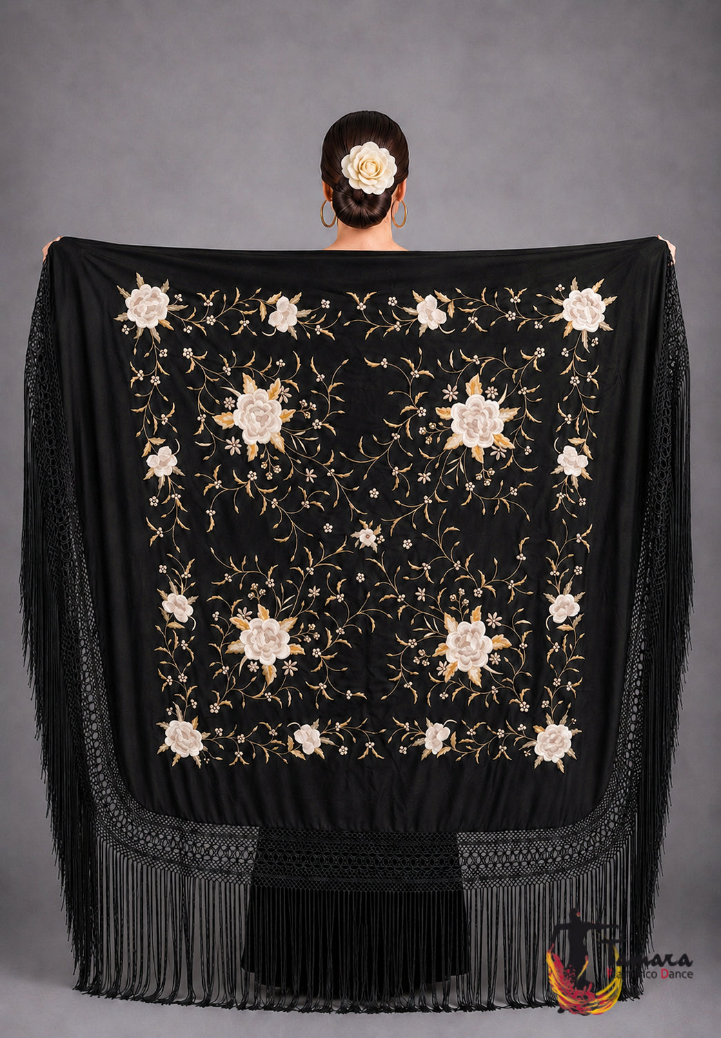 Manton de Manila Primaveral - Bordado Tierra y Oro Negro