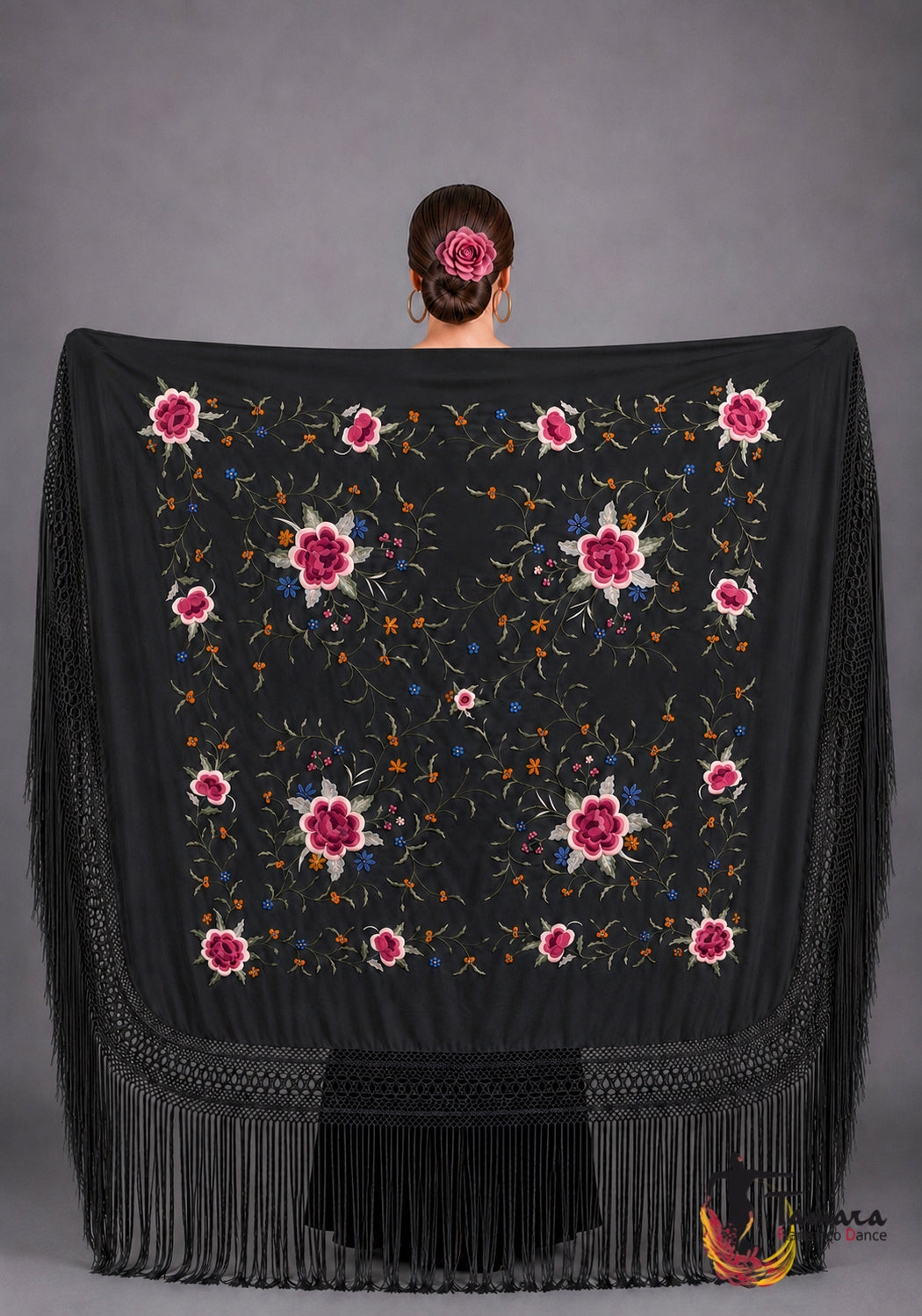 Manton de Manila Primaveral - Bordado Tonos Rosa/Burdeos Negro