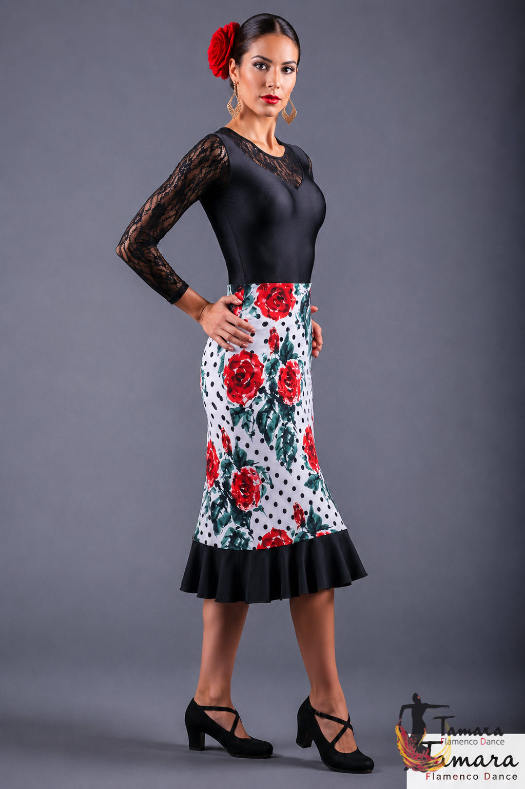 Falda flamenco Pampaneira - Punto Elastico Blanco lunar negro rosas Blanco lunar negro