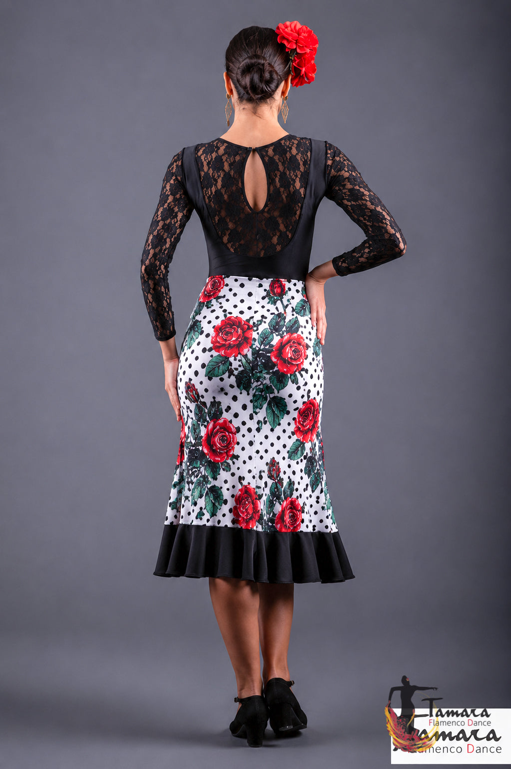 Falda flamenco Pampaneira - Punto Elastico Blanco lunar negro rosas