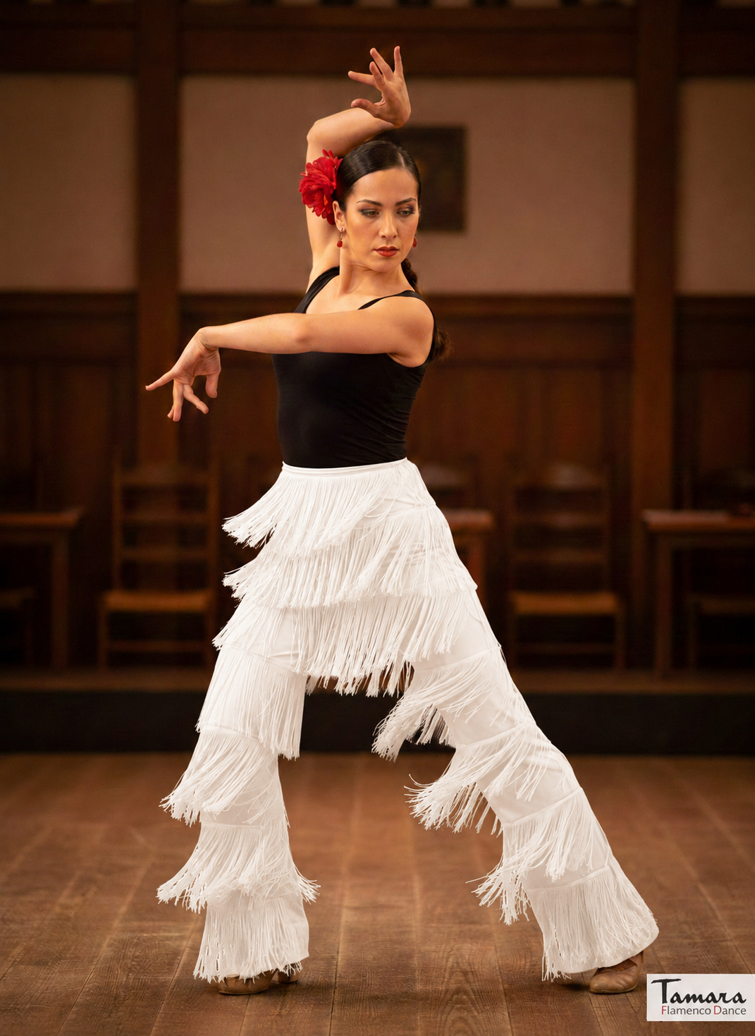 Pantalon baile flamenco con flecos - Punto elastico Blanco