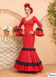 Traje de flamenca Pasion Rojo lunares negros