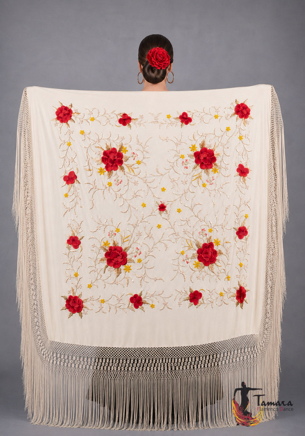 Manton de Manila Primaveral - Bordado Rojo y Oro Beige