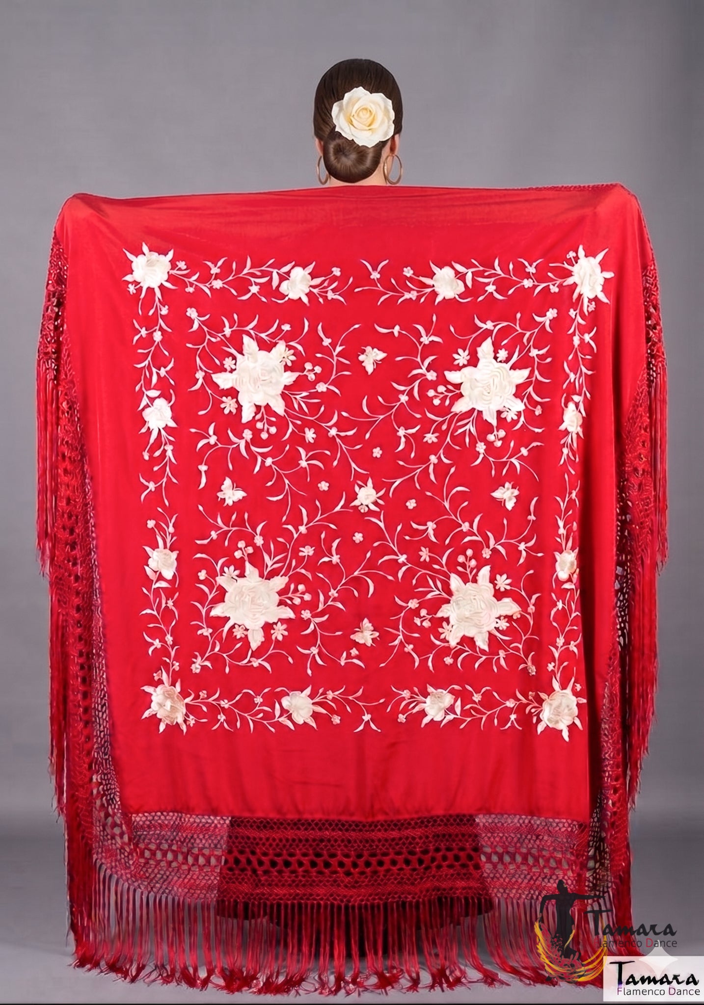 Manton de Manila Primaveral - Bordado Marfil Rojo