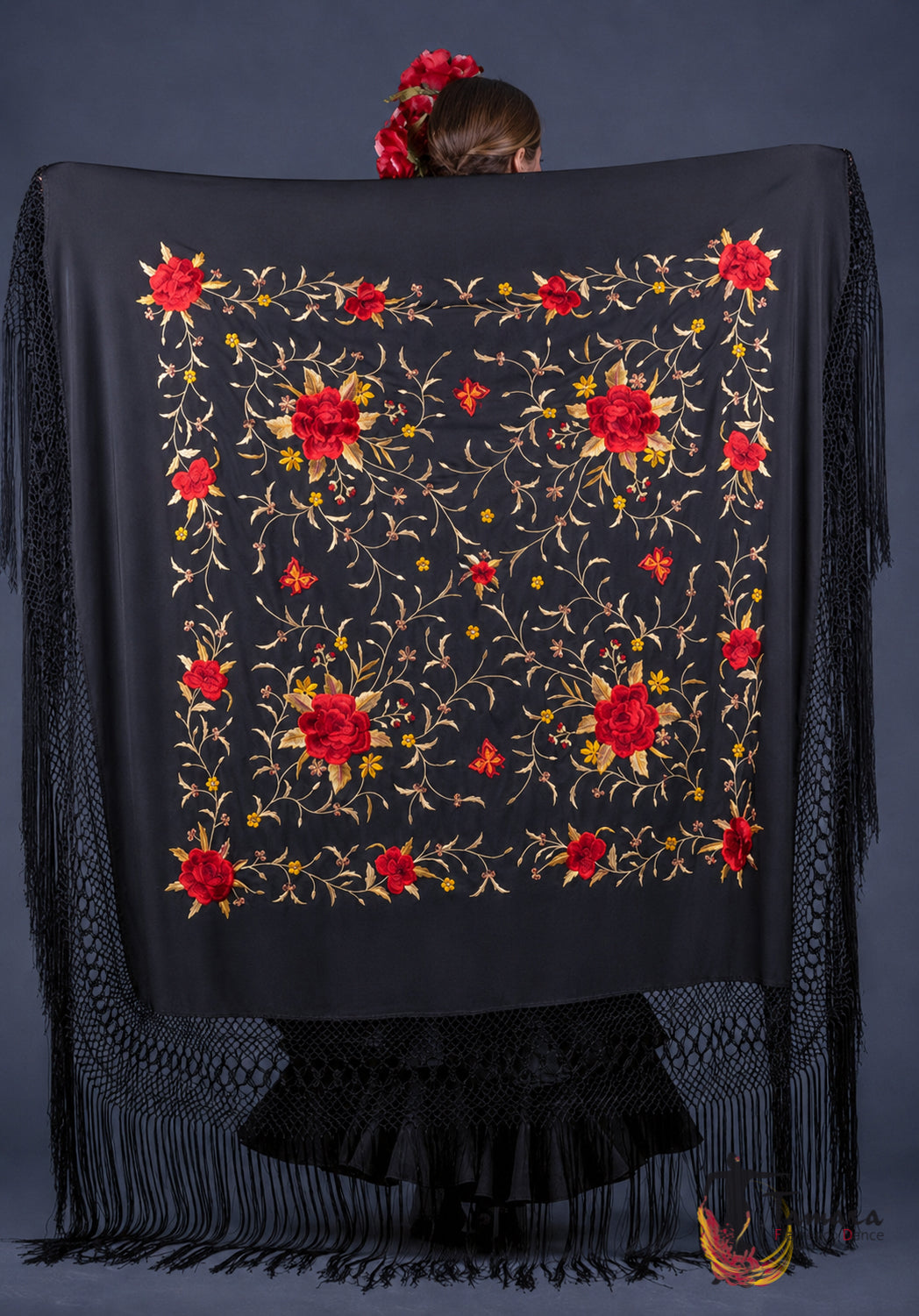 Manton de Manila Primaveral - Bordado Rojo y Oro Negro