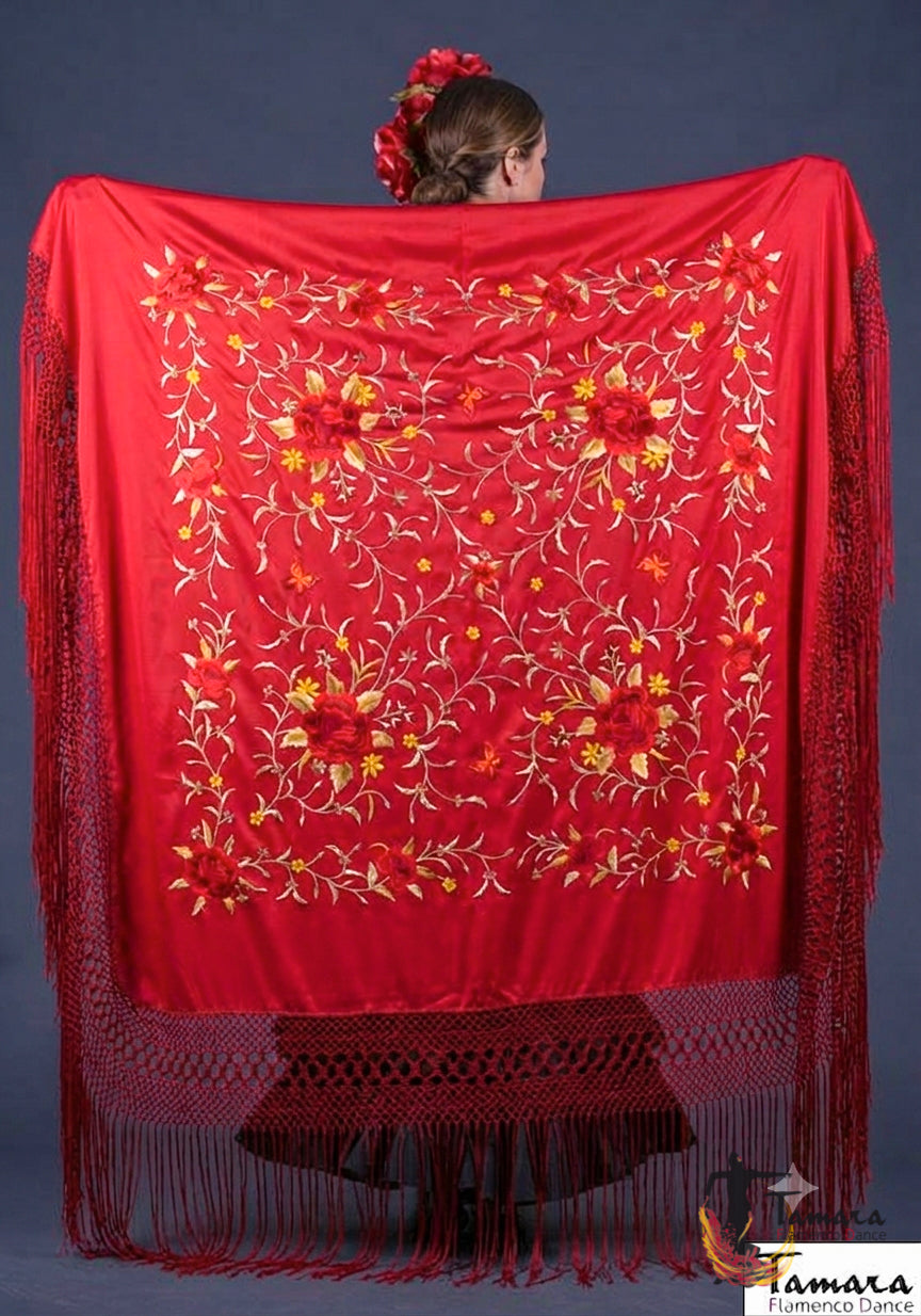 Manton de Manila Primaveral - Bordado Rojo y Oro Rojo