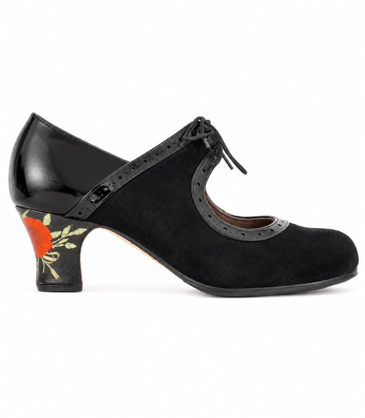 Zapatos flamenco Rumba tacon Decorado ante/charol carrete 6cm Negro