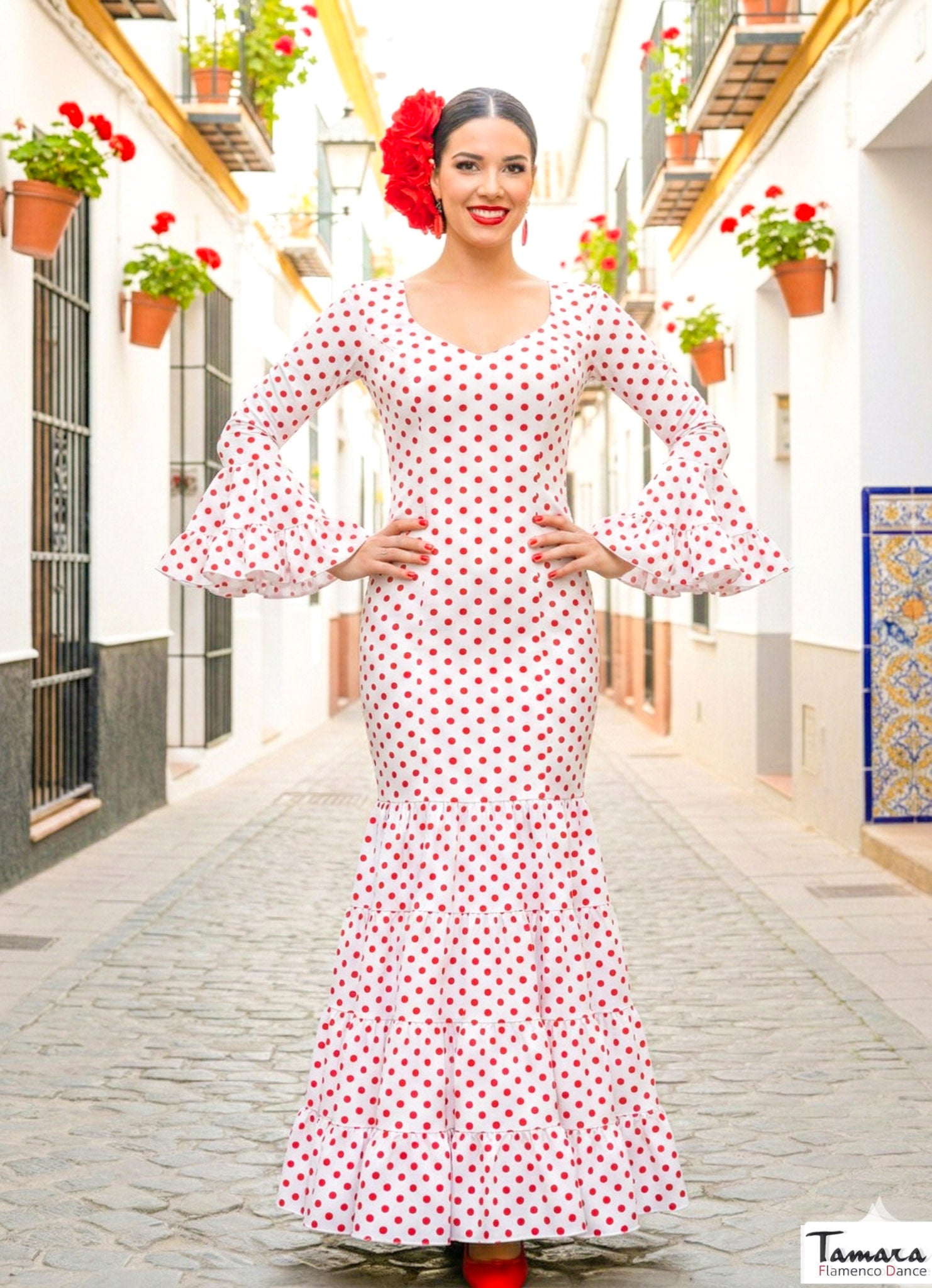 Traje de flamenca Selena Blanco lunar rojo