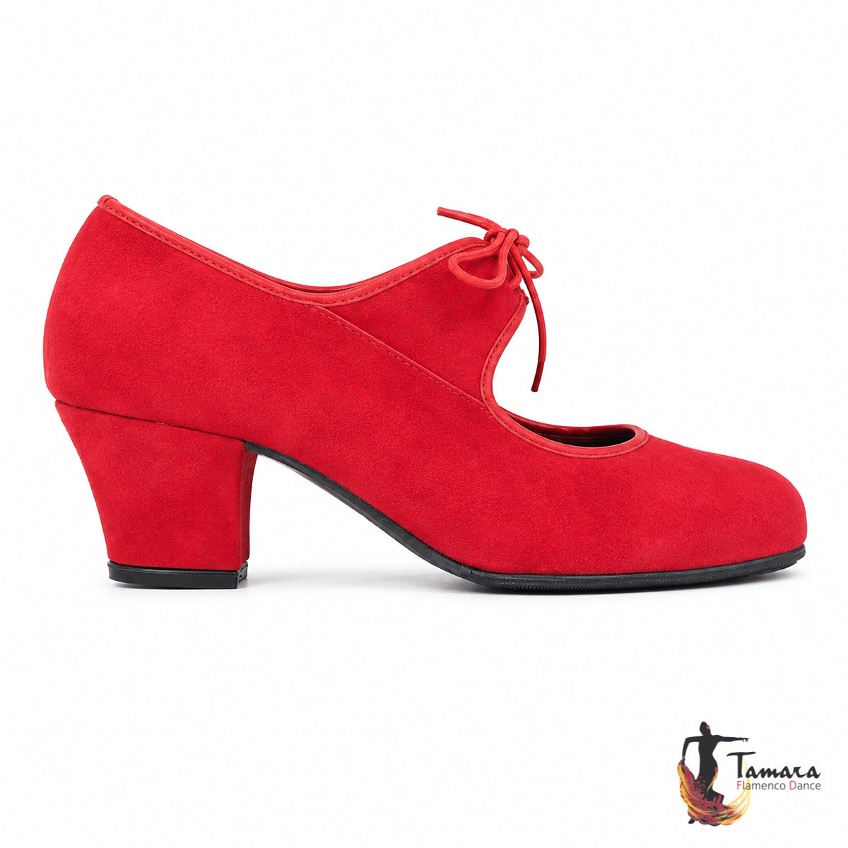 Zapato flamenco Semiprofesional Superior TAMARA - Ante Cordones Tacon Cubano Rojo