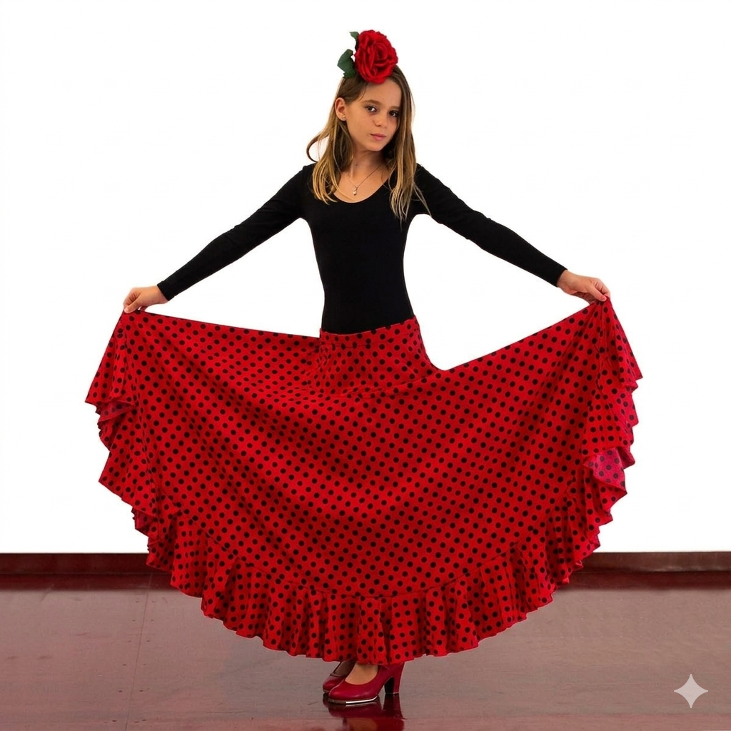 Falda flamenco Sevillana Lunares niña Rojo con lunares negros