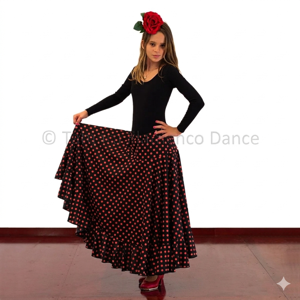 Falda flamenco Sevillana Lunares niña Negro lunares rojos
