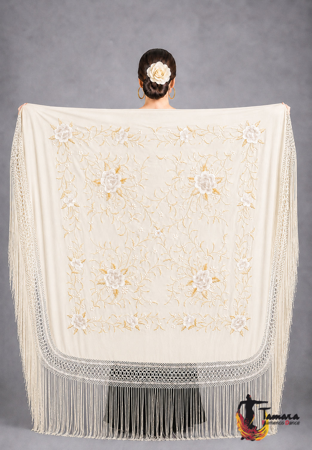 Manton de Manila Primaveral - Bordado Tierra y Oro Beige