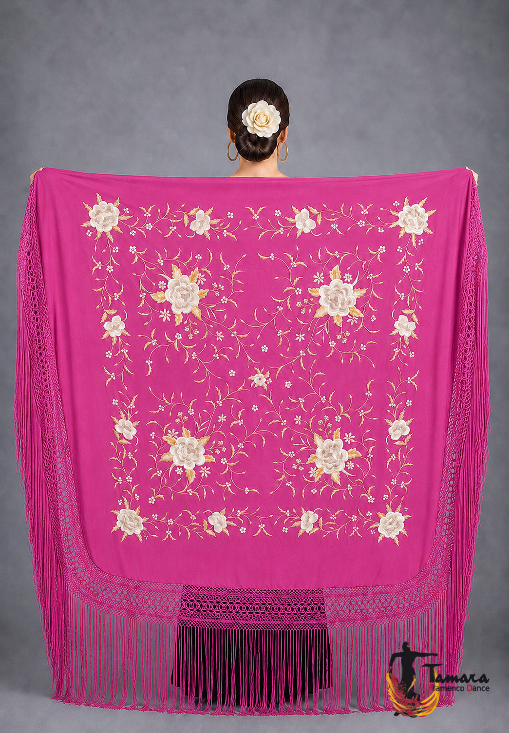 Manton de Manila Primaveral - Bordado Tierra y Oro Fuxia