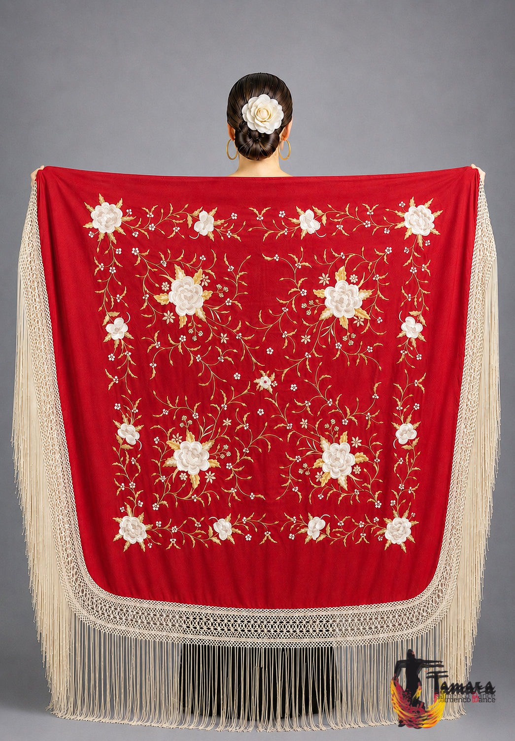 Manton de Manila Primaveral Fleco beige - Bordado Tonos tierra y oro Rojo