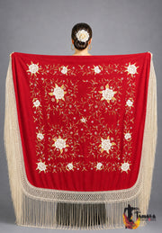 Manton de Manila Primaveral Fleco beige - Bordado Tonos tierra y oro Rojo
