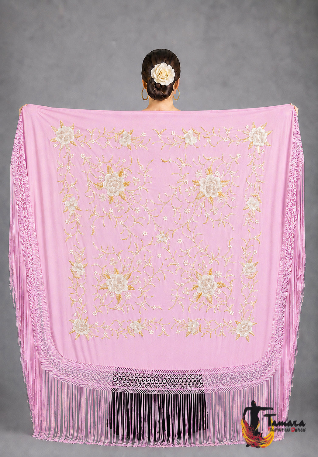 Manton de Manila Primaveral - Bordado Tierra y Oro Rosa