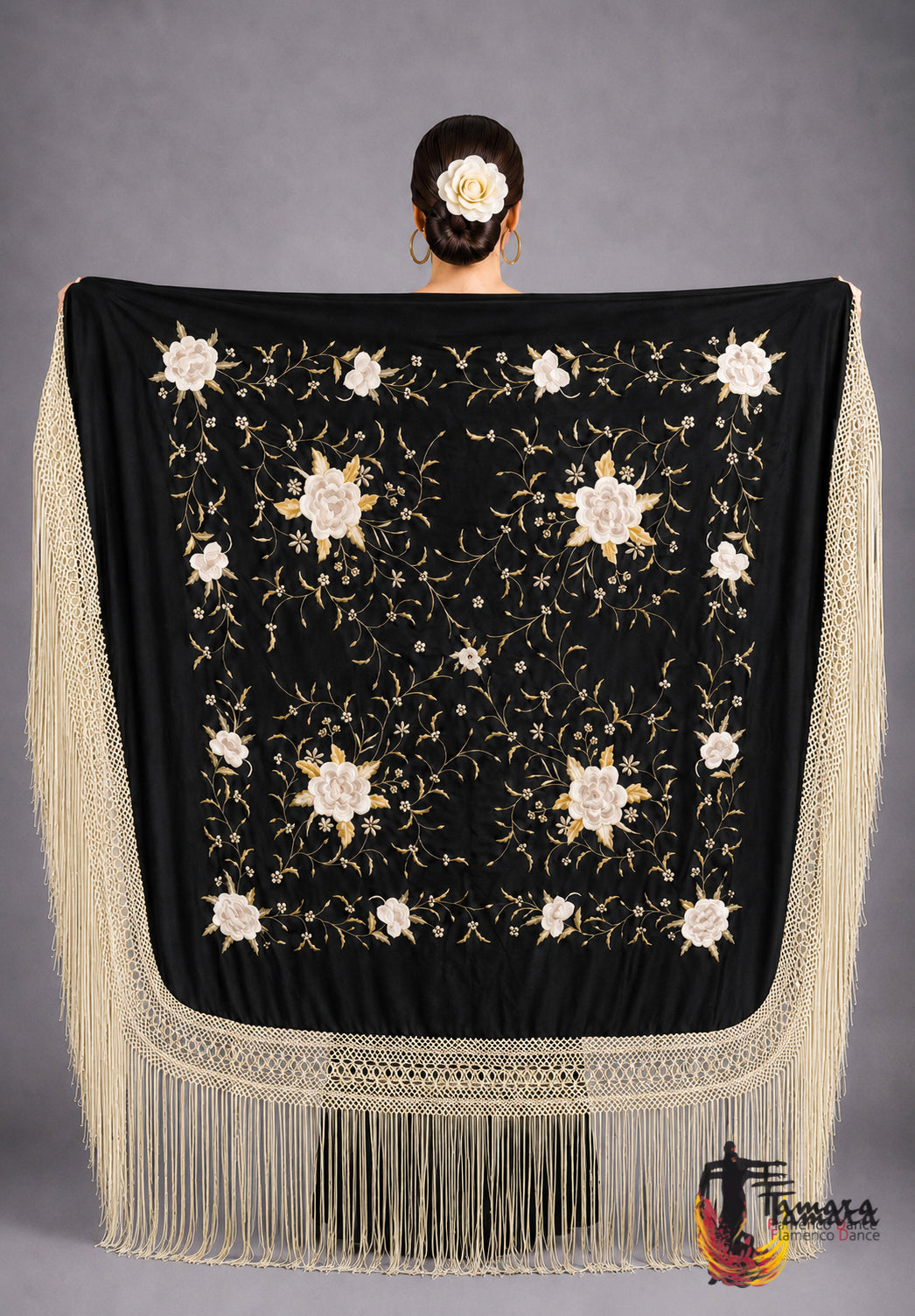 Manton de Manila Primaveral Fleco beige - Bordado Tonos tierra y oro Negro