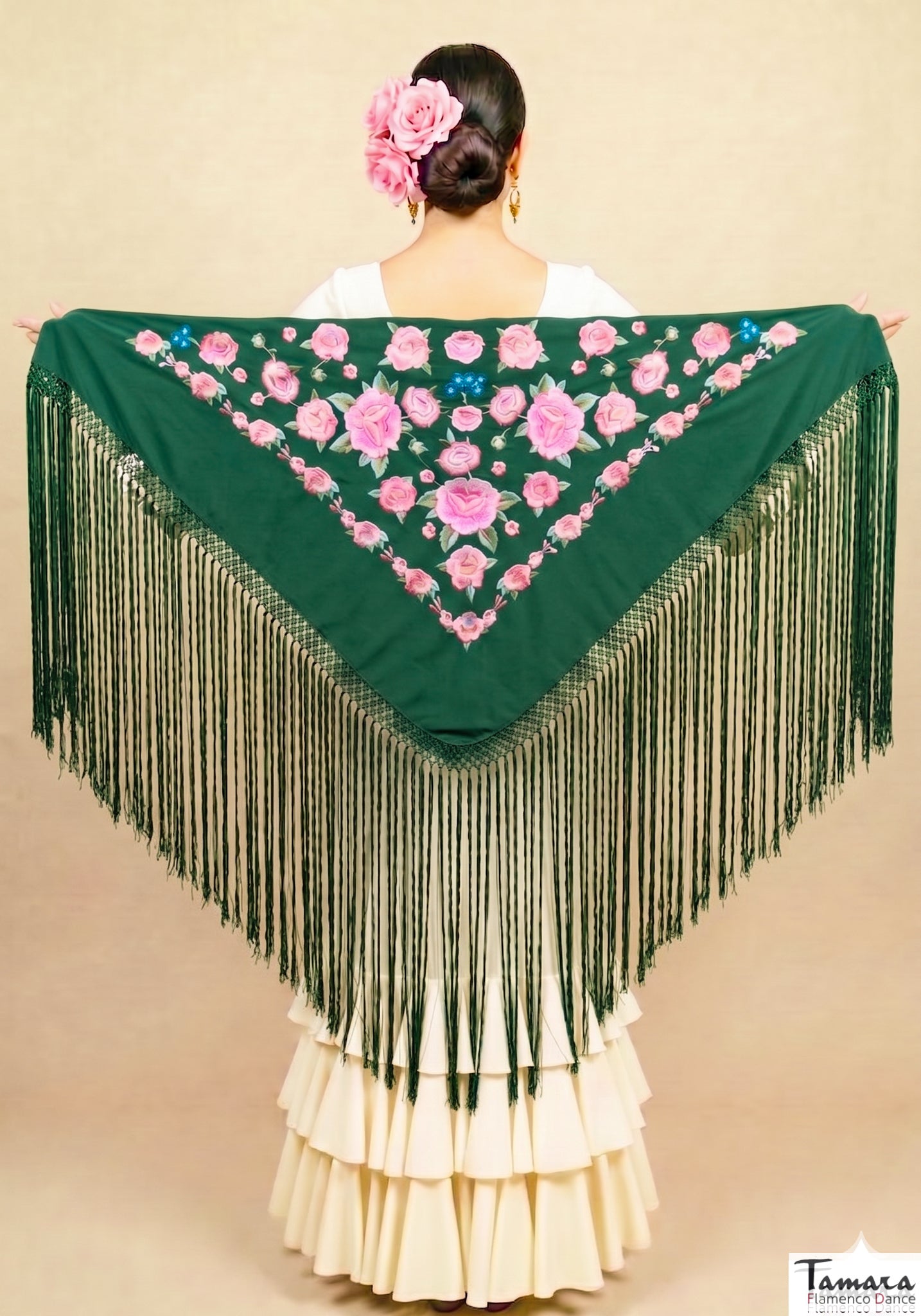 Mantoncillo Verona - Bordado tonos Rosas Verde botella