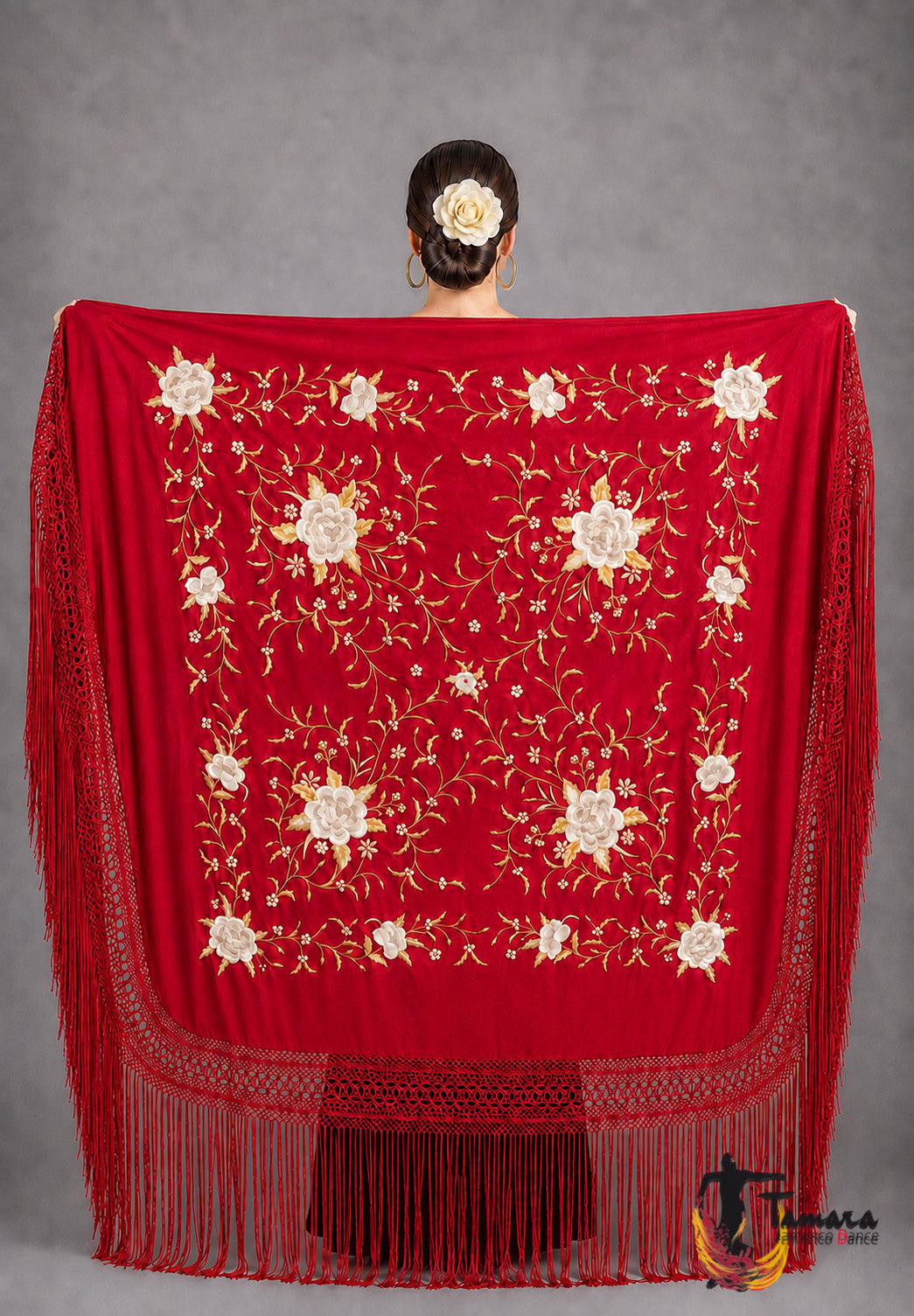 Manton de Manila Primaveral - Bordado Tierra y Oro Rojo