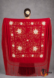 Manton de Manila Primaveral - Bordado Tierra y Oro Rojo