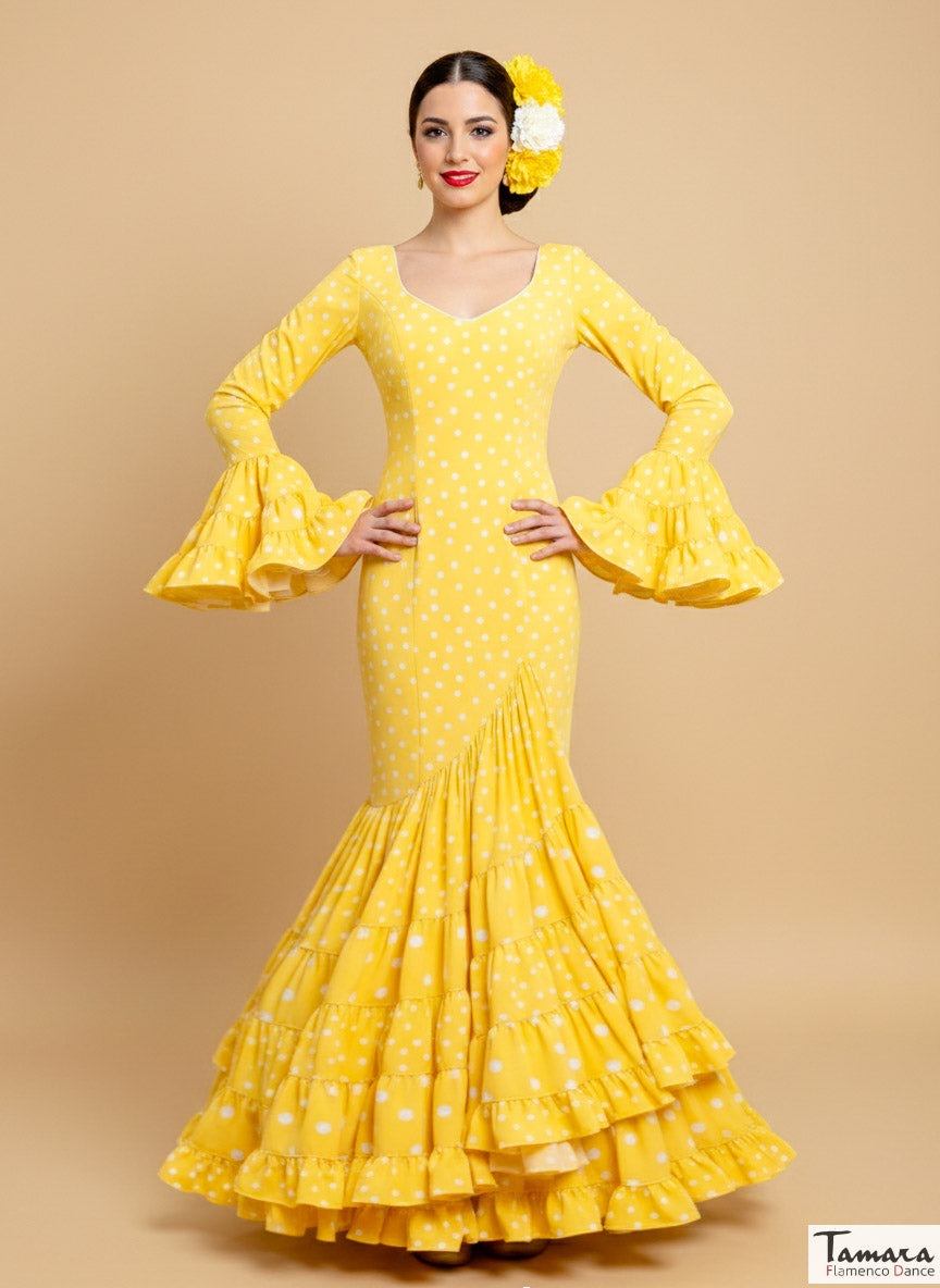 Traje de flamenca Triana amarillo lunares blancos